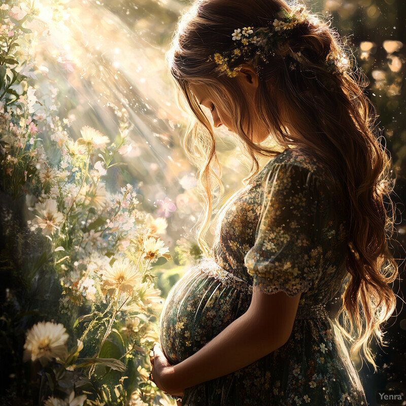 A pregnant woman stands in a lush garden, surrounded by vibrant flowers and greenery, exuding a sense of calmness and serenity.