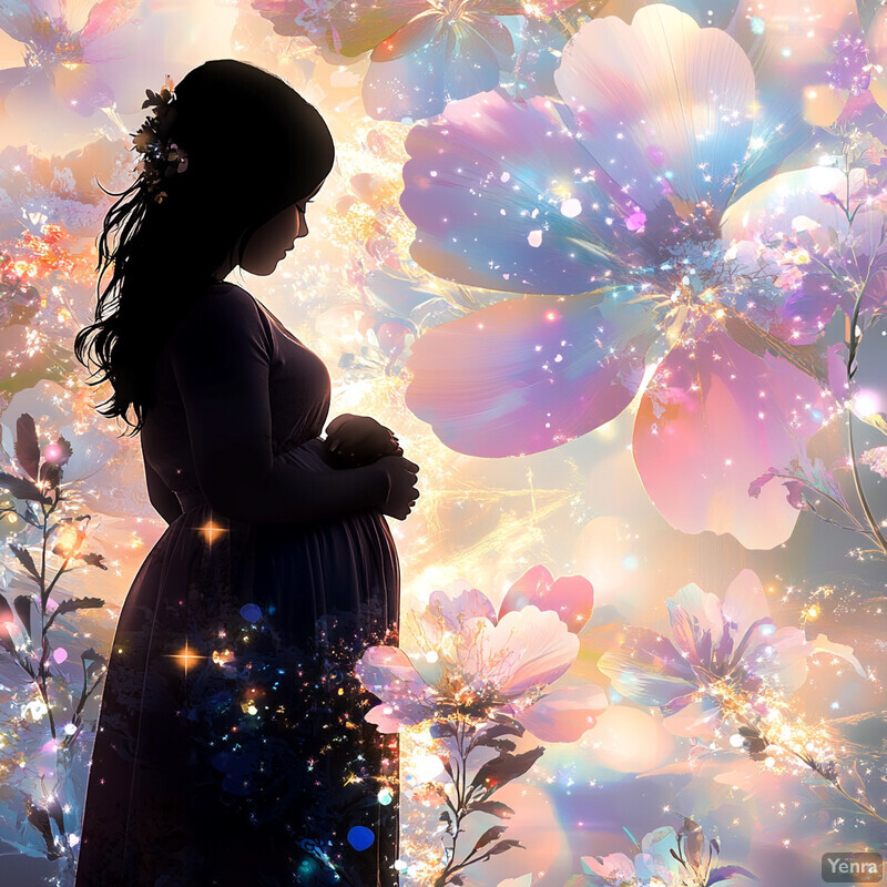 A serene and dreamy scene of a pregnant woman standing in front of a large flower, surrounded by a soft, ethereal glow.