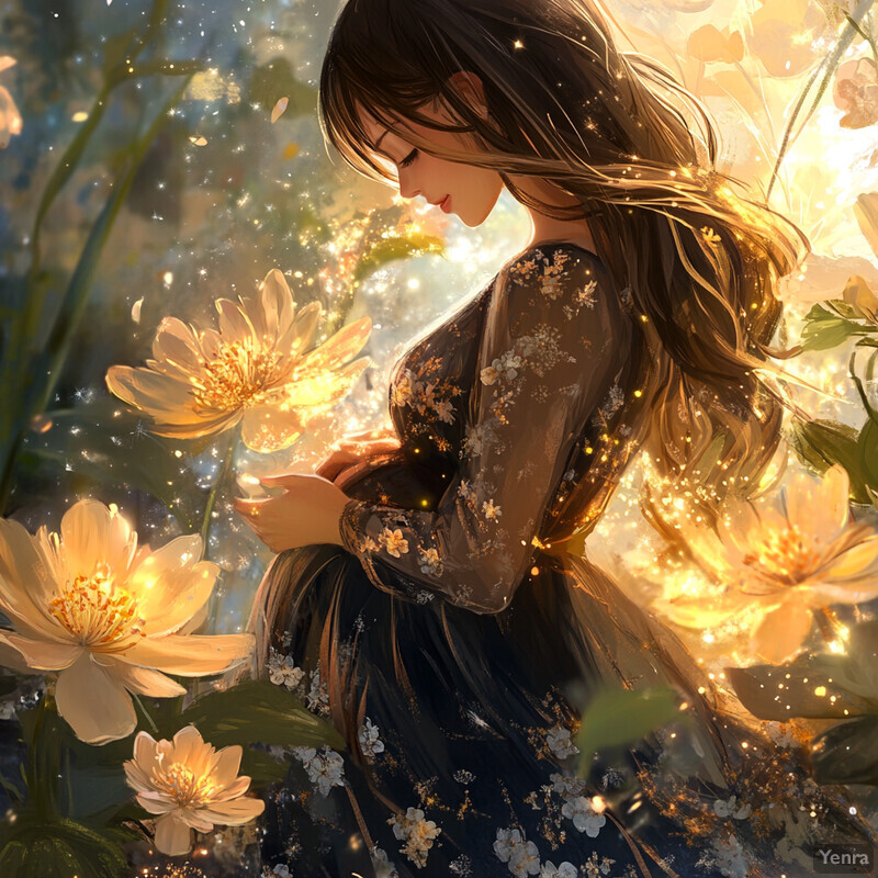 A woman surrounded by celestial blossoms in a serene and enchanting scene