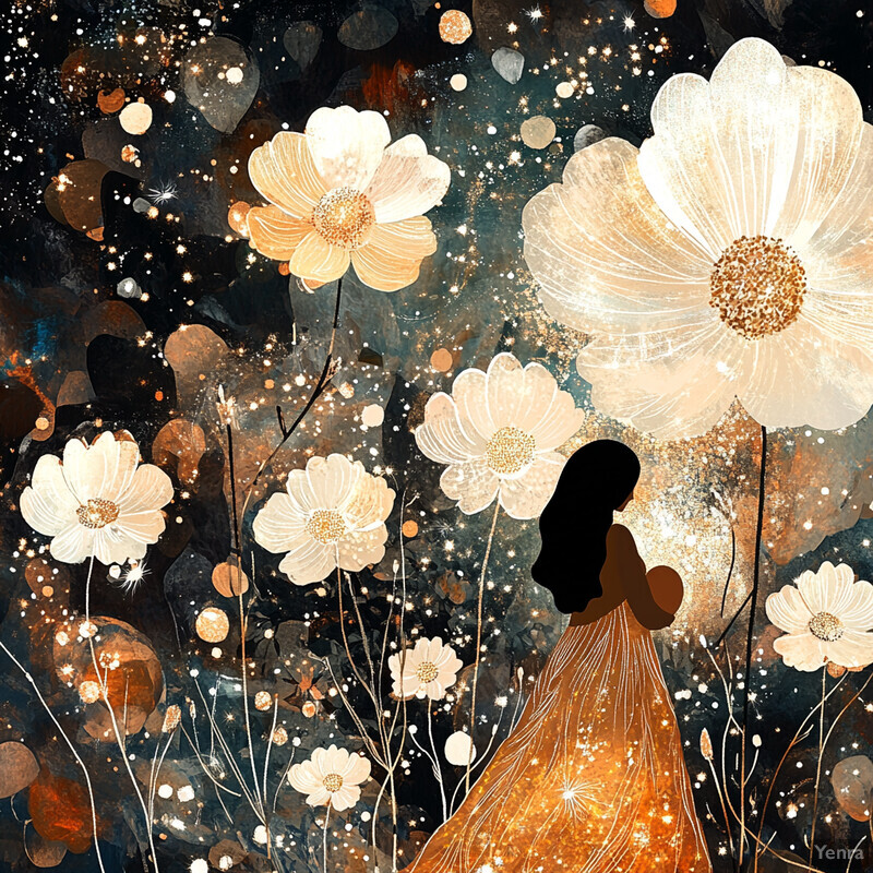 A woman stands amidst a field of flowers, surrounded by a serene atmosphere.