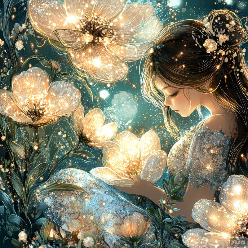 A woman surrounded by celestial blossoms