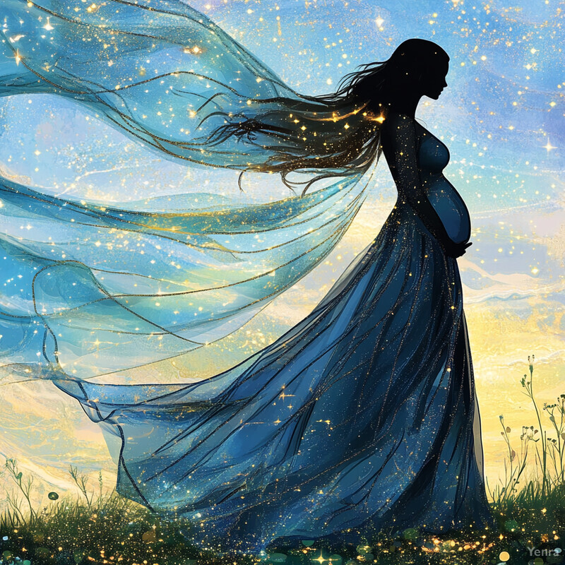 A pregnant woman stands in a field, surrounded by tall grasses and wildflowers, under a warm blue sky with golden hues.