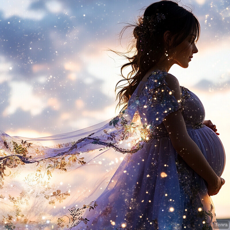 A serene and ethereal scene featuring a woman cradling her pregnant belly against a breathtaking cloudy sky backdrop.