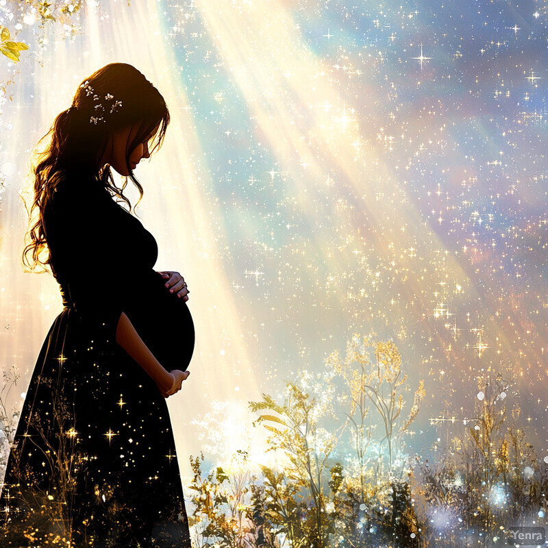 A serene and enchanting scene featuring a woman in profile, possibly pregnant, standing amidst a warm and comforting background.