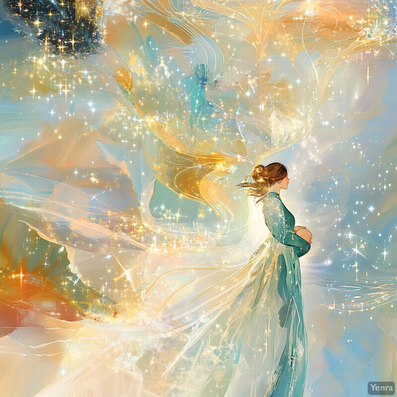 A serene image of a woman standing in front of a celestial canopy