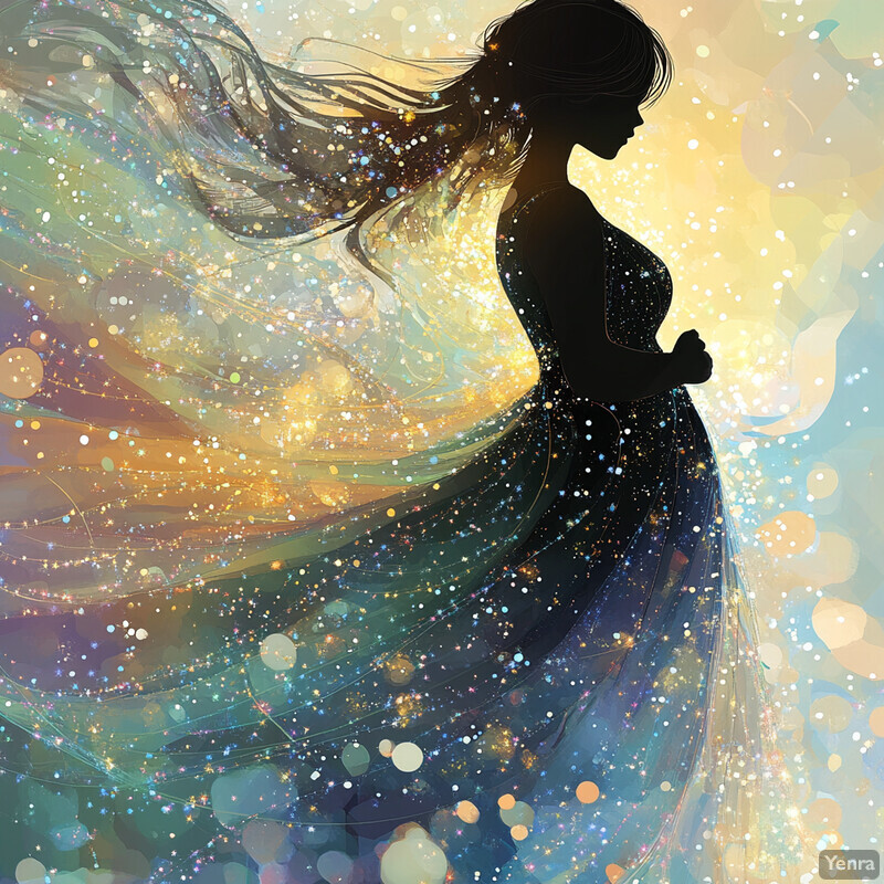 A silhouette of a woman with flowing hair set against a vibrant, ethereal background.