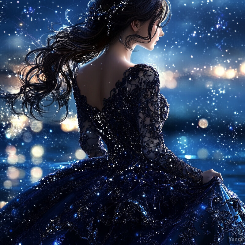 A serene and beautiful woman stands on the shore of a lake at dusk or dawn, wearing a stunning dark blue ball gown with intricate black lace and glittering silver accents.