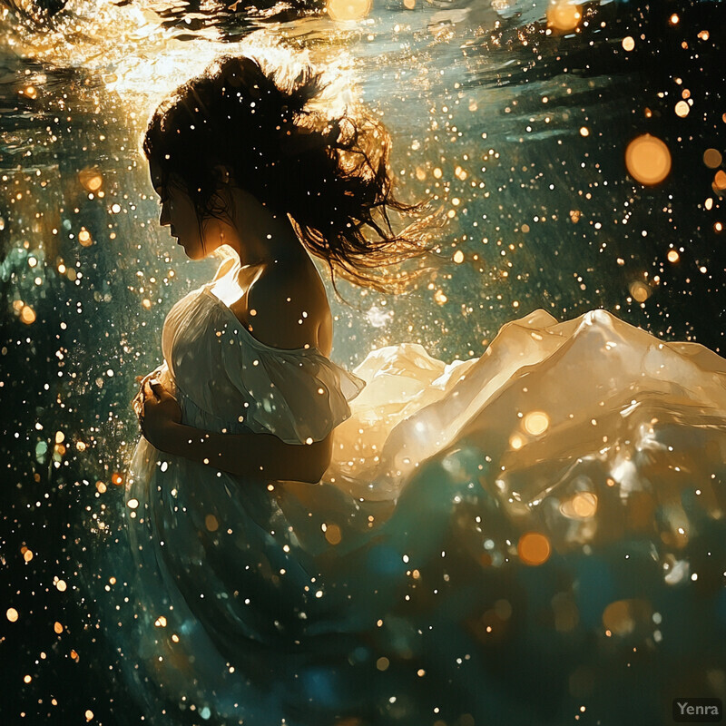 A woman floats underwater, surrounded by lights and bubbles.