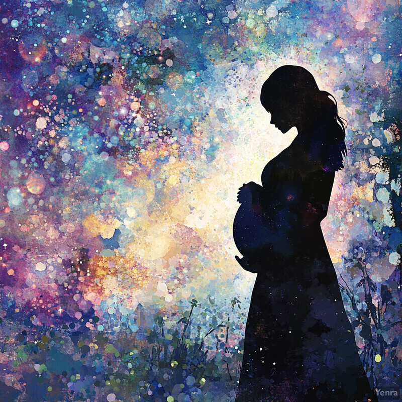 Silhouette of a pregnant woman against a celestial-inspired background