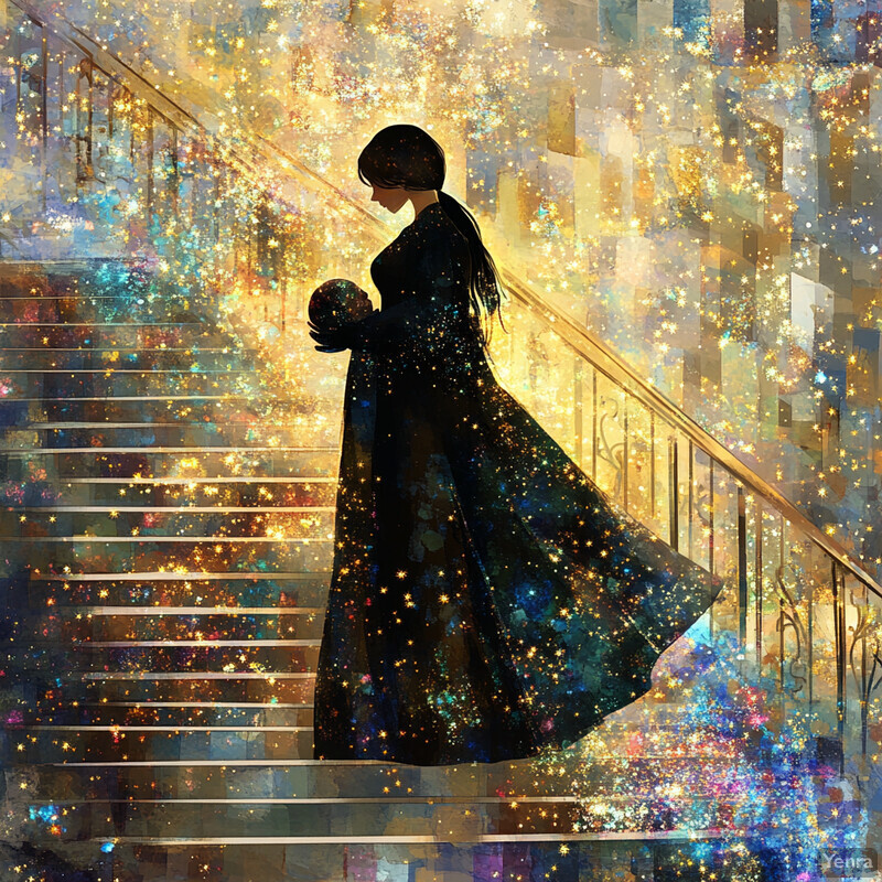 A woman in a long black dress stands on a staircase surrounded by colorful lights and stars, creating an ethereal atmosphere.