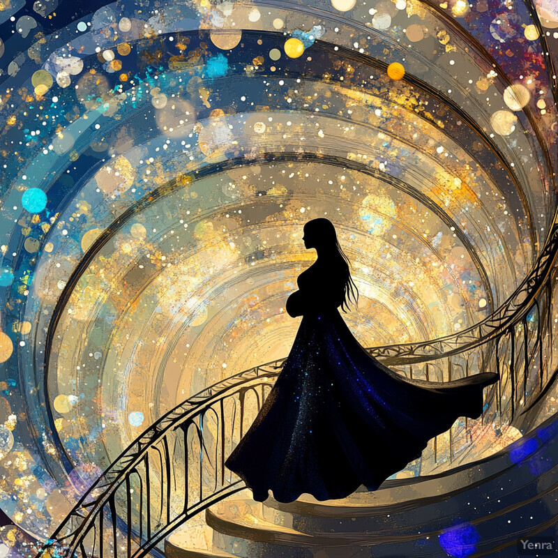 A woman stands on a staircase surrounded by a celestial atmosphere, exuding a dreamy and ethereal quality.