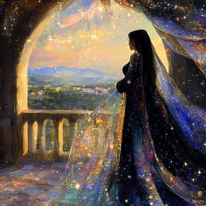 A woman stands in an arched doorway, gazing at rolling hills and distant mountains while wearing a flowing black gown and holding a crystal orb.