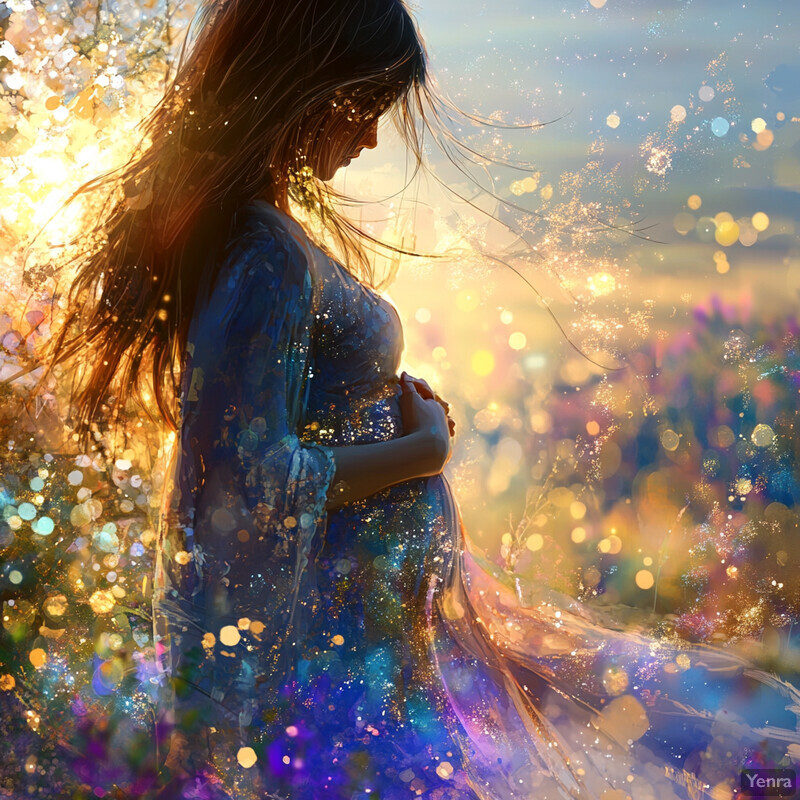 A serene woman cradles her pregnant belly in front of a breathtaking sunset.