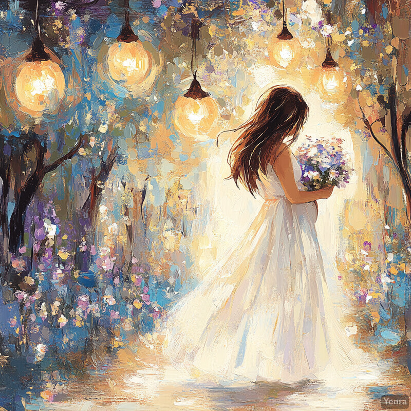 A serene and enchanting scene of a woman in a white dress standing amidst a lush garden, surrounded by vibrant flowers and illuminated by hanging lights.