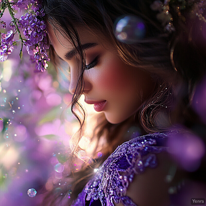 A woman surrounded by an aura of light and flowers, lost in thought or meditation.