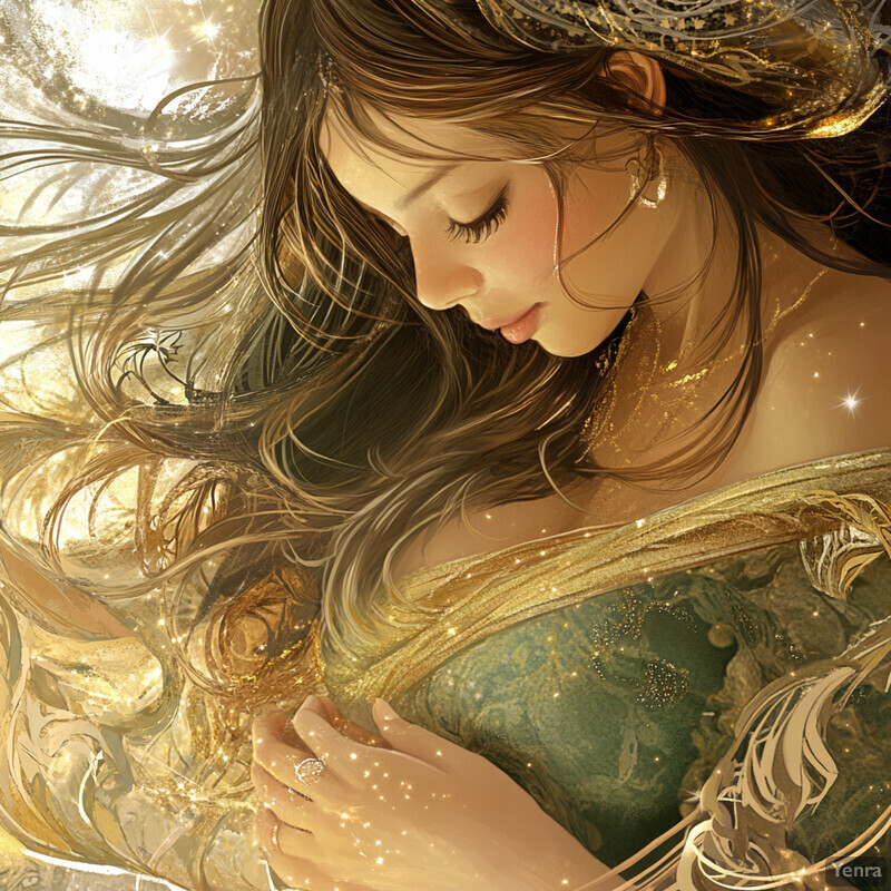 A woman in a green dress with gold accents holds a glowing object, surrounded by an ethereal atmosphere.