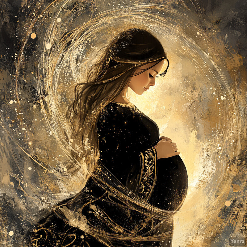 A serene image featuring a woman in flowing robes surrounded by celestial elements.