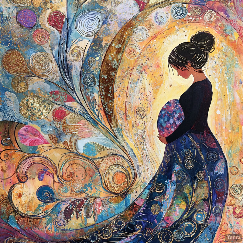 A pregnant woman cradles her belly amidst swirling celestial patterns.