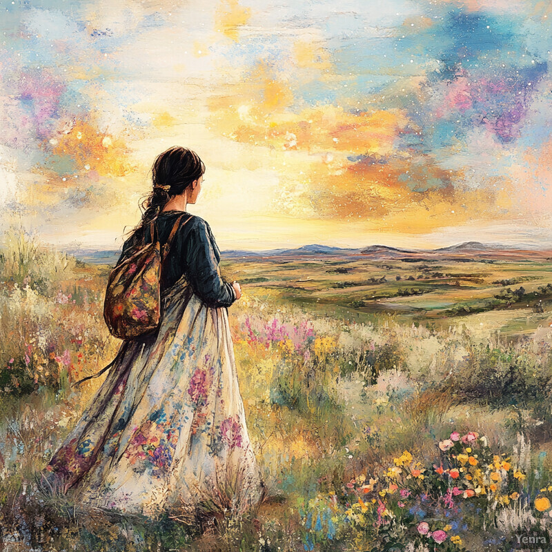 A serene and idyllic scene of a woman standing in a lush meadow, surrounded by vibrant wildflowers and tall grasses.