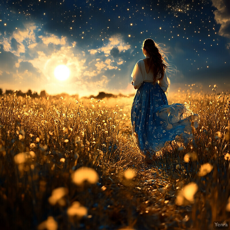 A woman strolls through a field of wildflowers at sunset, surrounded by vibrant colors and a breathtaking sunset.