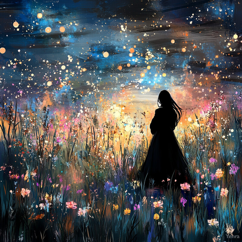 A woman stands in a meadow surrounded by wildflowers under a starry night sky, gazing up at the celestial expanse above her.