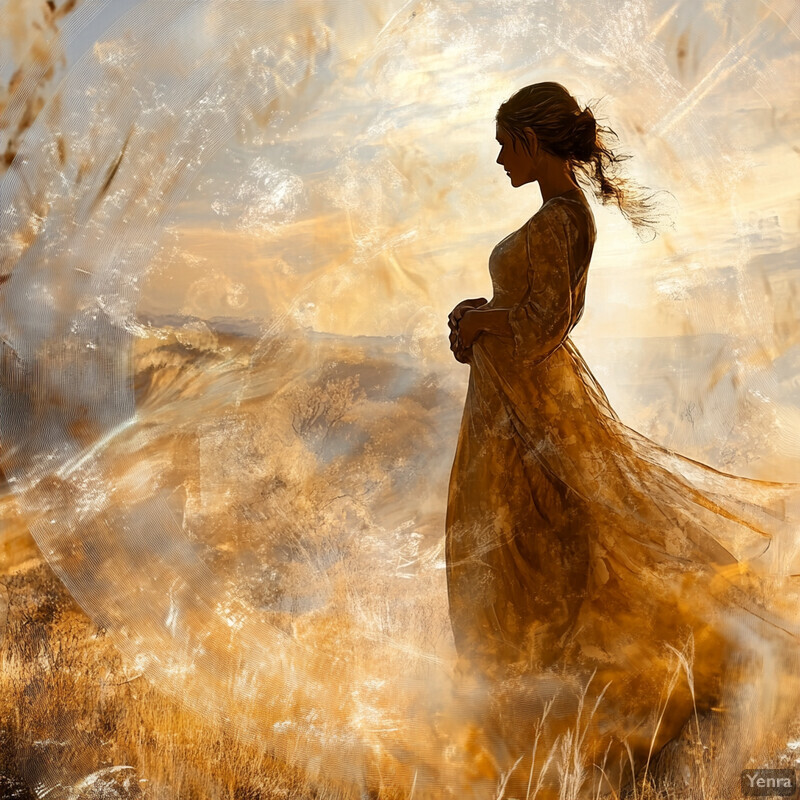 A serene and dreamy scene of a woman standing in a field, surrounded by tall grasses and wildflowers.