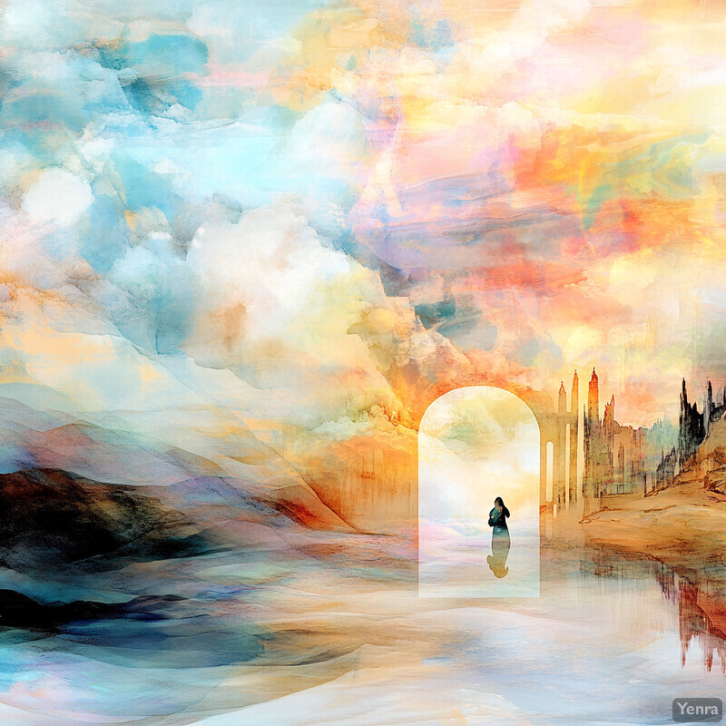 A dreamlike landscape with a person walking through an archway towards a distant cityscape.