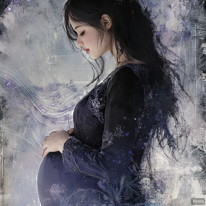 A serene and mystical scene of a pregnant woman cradling her belly