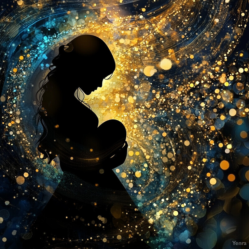 A serene silhouette of a woman cradling her belly against a vibrant, celestial-inspired background.