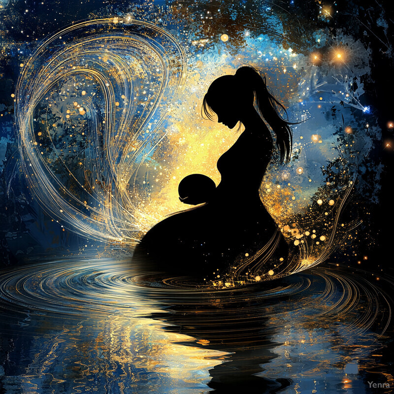 A serene and ethereal scene featuring a silhouette of a woman cradling an infant in her arms