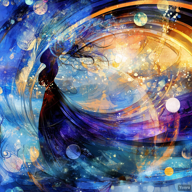 A woman stands in front of a swirling vortex of colors, possibly representing celestial forces.