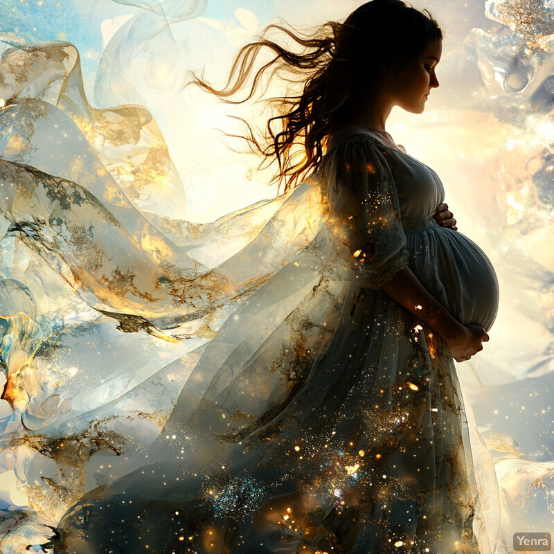 A serene image of a pregnant woman standing in profile against an ethereal backdrop