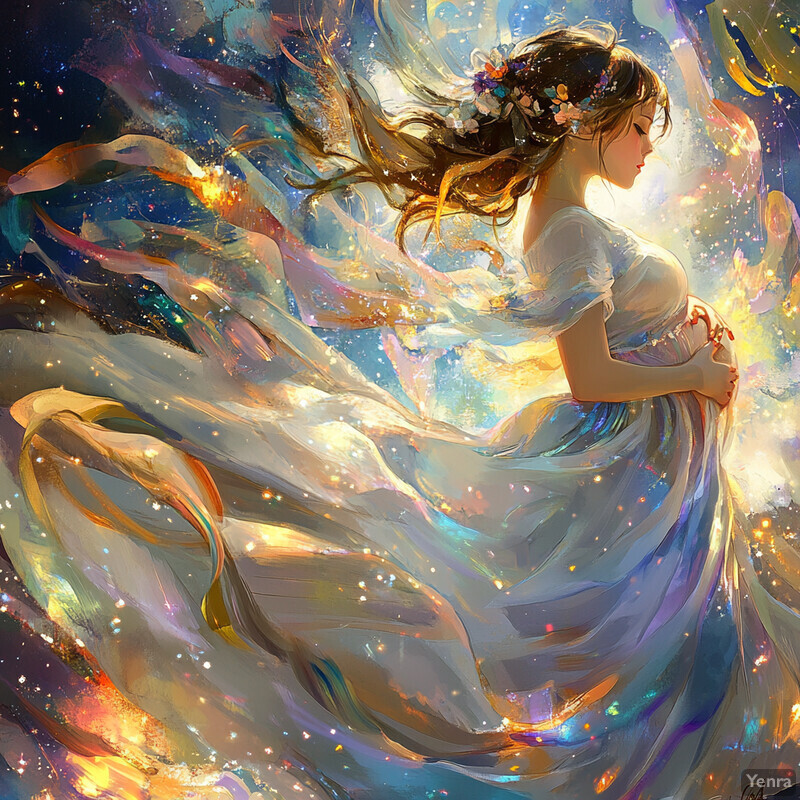 A serene and ethereal scene featuring a woman in a flowing white dress surrounded by vibrant colors and celestial elements.