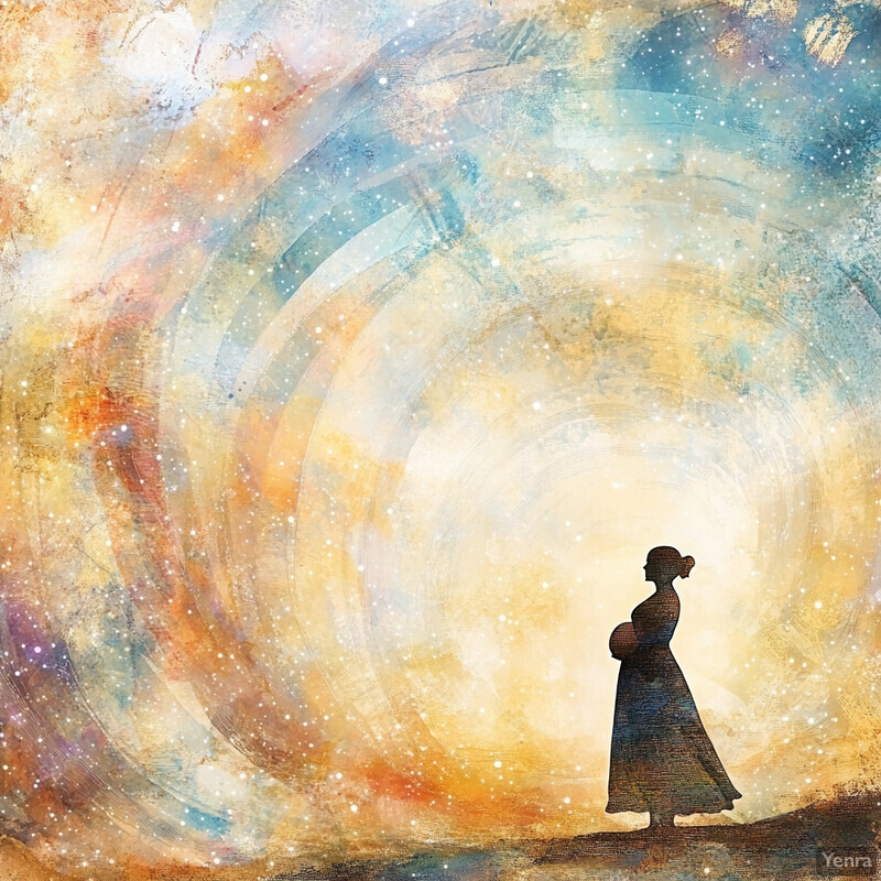 A woman stands on a hill, gazing up at a swirling vortex of colors and stars in this dreamy painting.