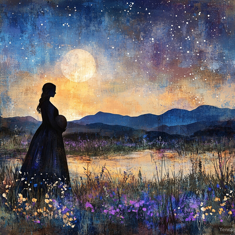 A pregnant woman stands in a field under the night sky, surrounded by wildflowers and mountains.