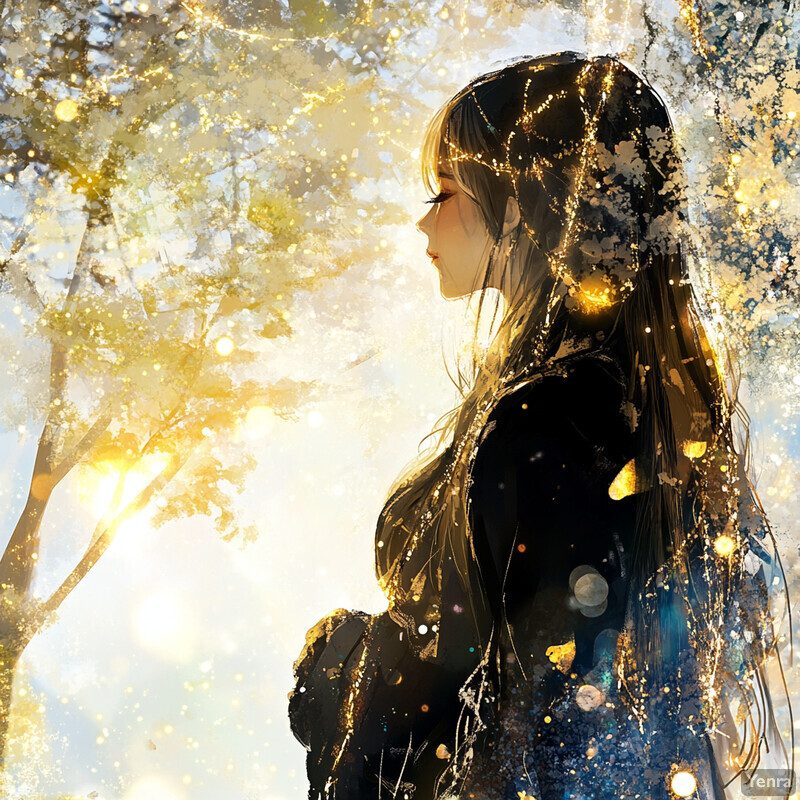 A woman stands alone in nature, surrounded by trees and sunlight filtering through the leaves.