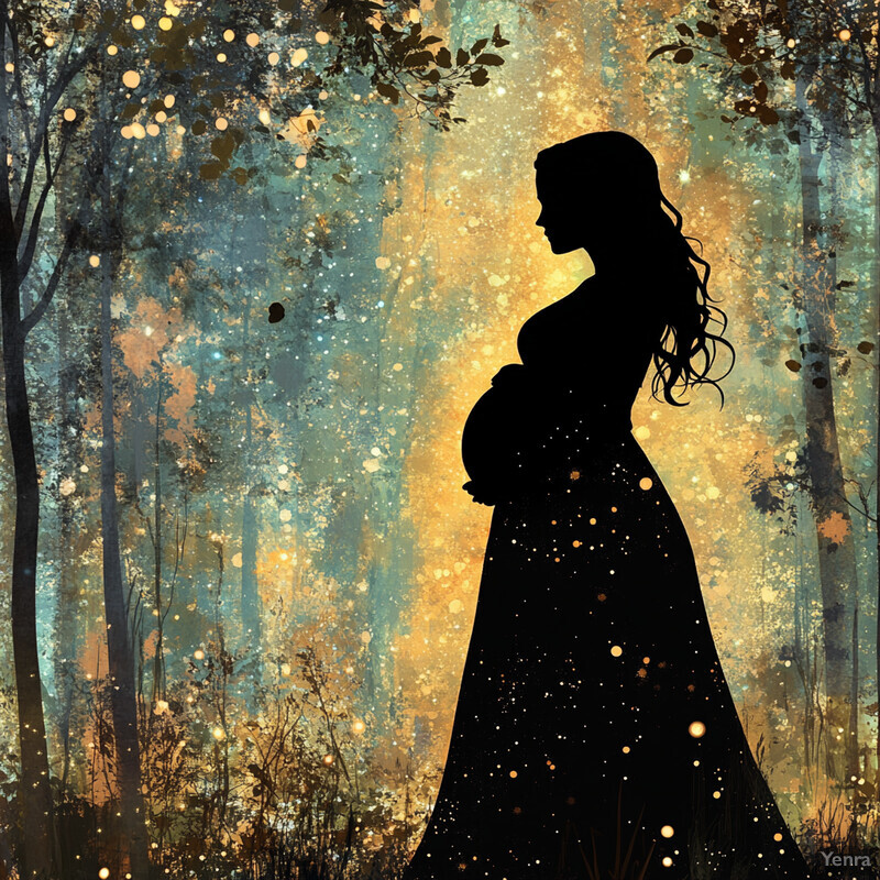 A serene and mystical scene featuring a woman in silhouette standing amidst tall trees with slender trunks, set against a backdrop of a forest floor covered in wild grasses and plants.