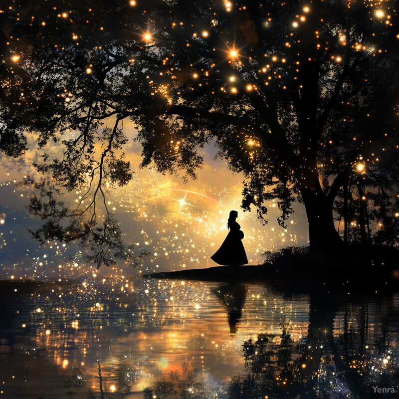 A woman stands in front of a tree under a starry sky, surrounded by a sense of wonder and awe.