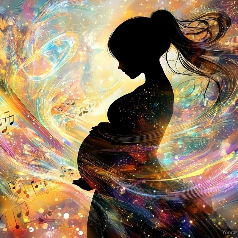 A silhouette of a pregnant woman with long hair set against a vibrant, dreamy background featuring swirling patterns reminiscent of celestial bodies or galaxies.