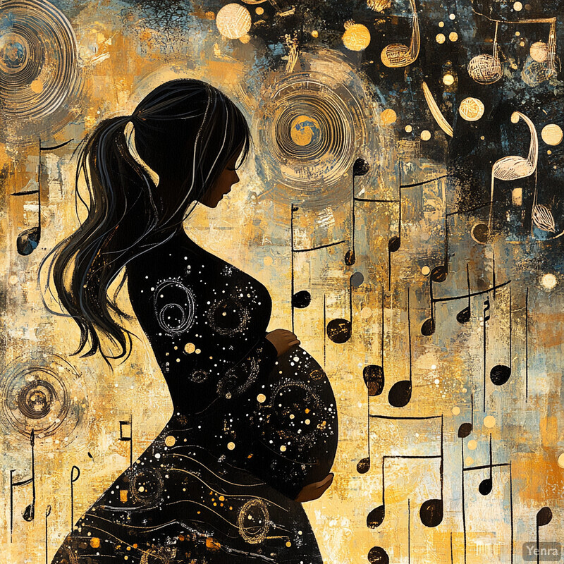 A pregnant woman with long dark hair styled in a ponytail, wearing a black dress adorned with celestial patterns, set against a vibrant background of blue, yellow, and orange hues.