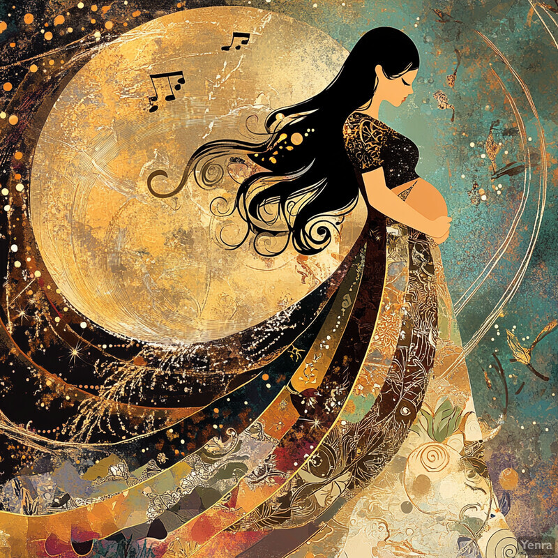 The Celestial Sonata artwork features a woman standing in front of an abstract background, surrounded by celestial elements and vibrant colors.