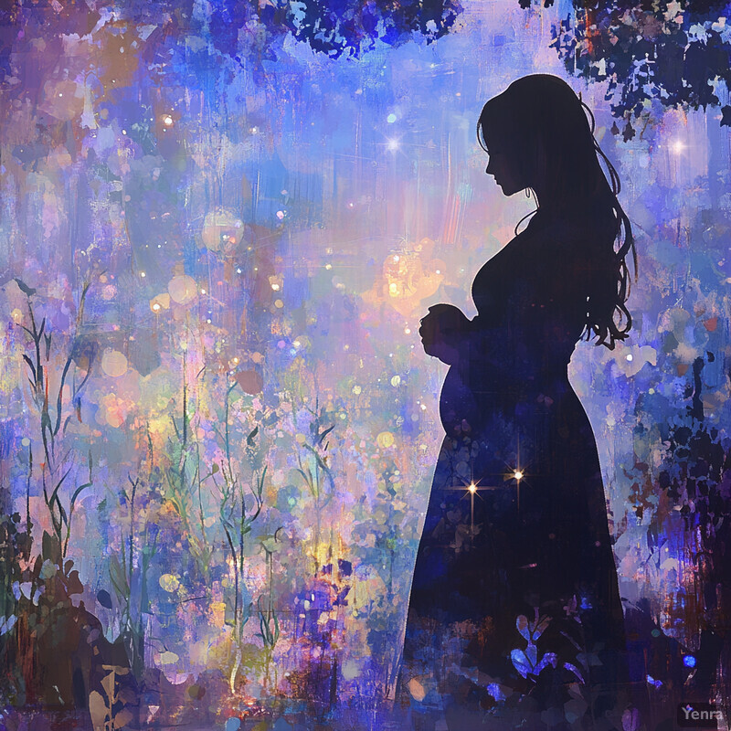 A serene and dreamy scene featuring a woman standing in front of a starry night sky