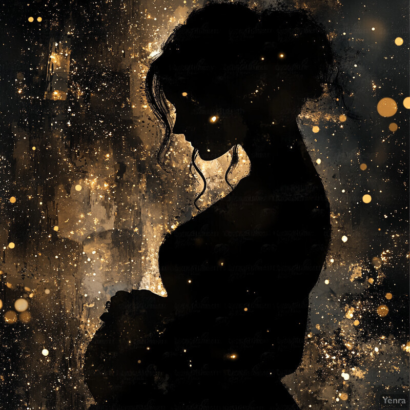 A silhouette of a woman with an updo in a dark gray background with gold accents