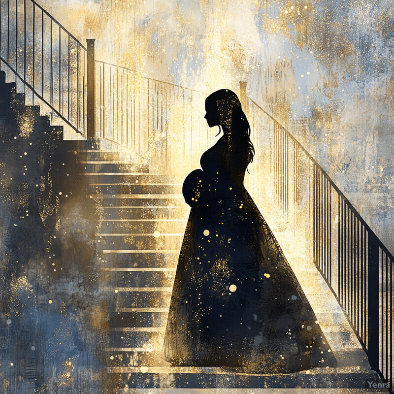 A pregnant woman stands on stairs in front of a railing, lost in thought with gold splatters adding elegance and warmth to the scene.