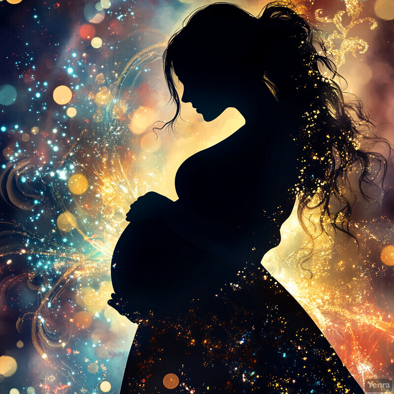 A pregnant woman cradles her baby in front of a cosmic background