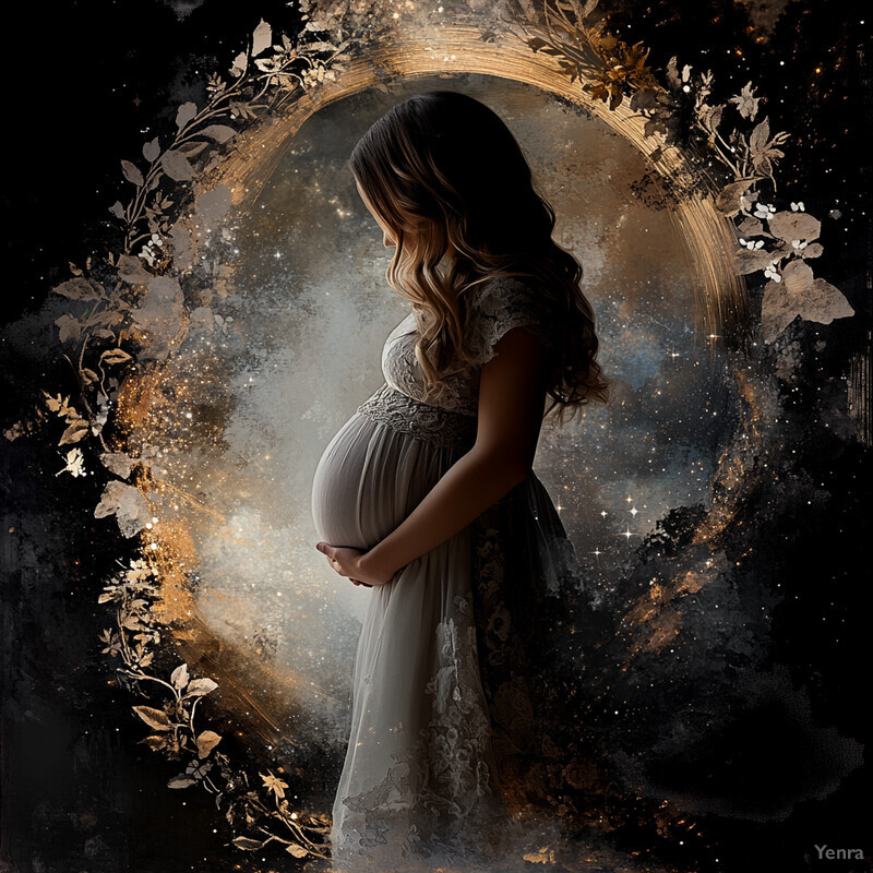 A pregnant woman stands in front of a cosmic background, her elegant white dress accentuating her baby bump.