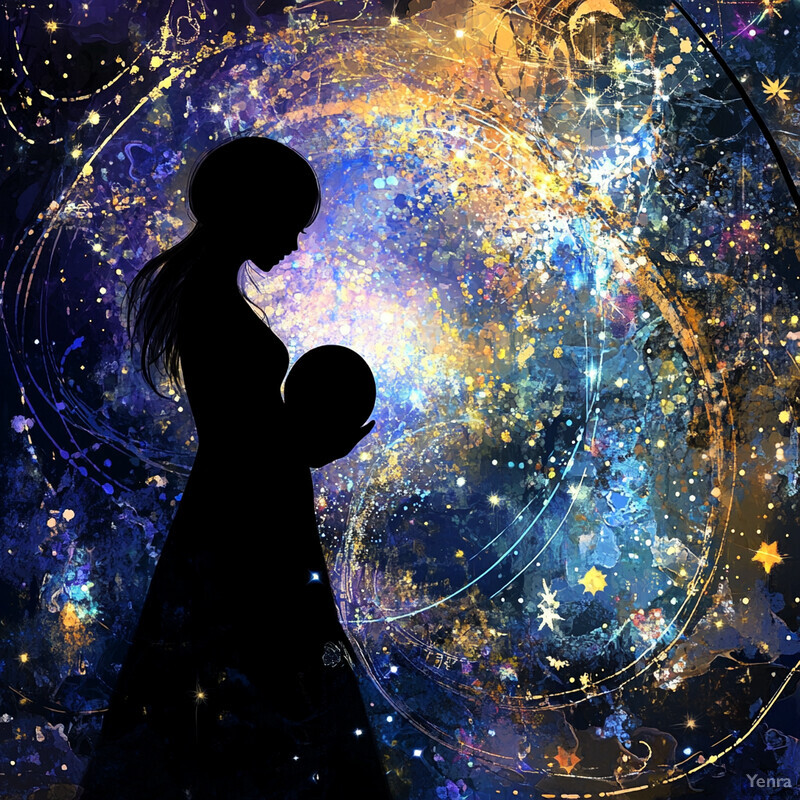 A woman cradles a baby against a vibrant, celestial background