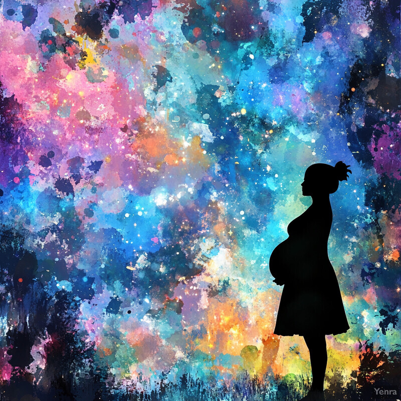 A vibrant artwork celebrating the journey of pregnancy through a harmonious blend of colors and an otherworldly connection between the subject and viewer.