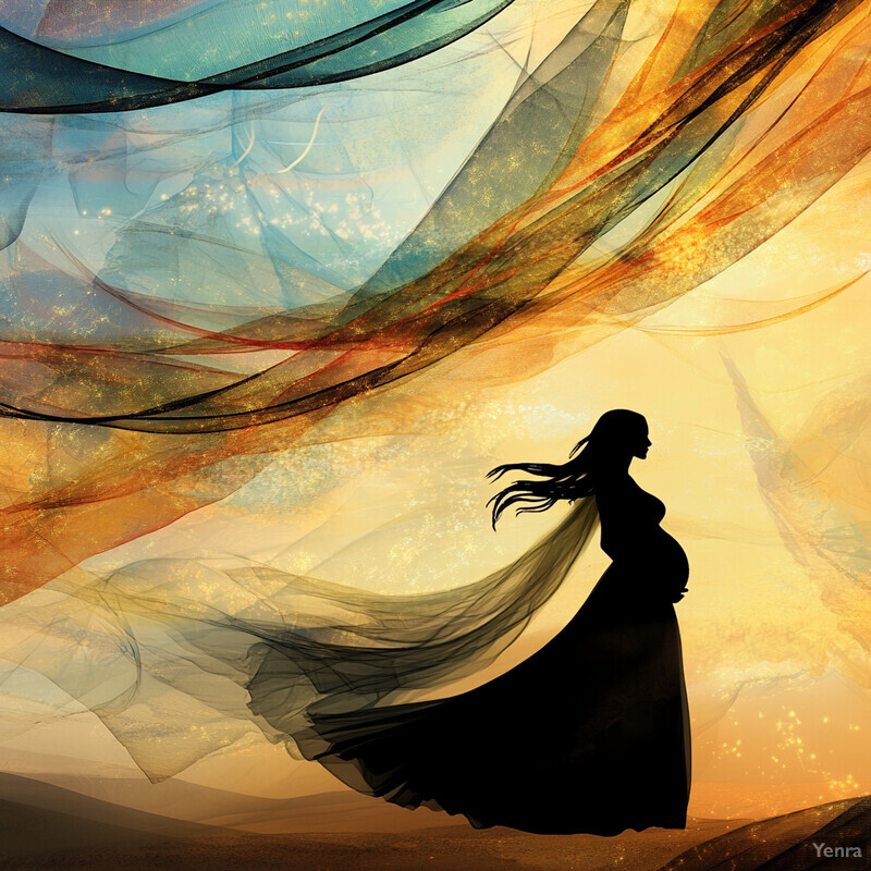 A pregnant woman stands in front of a vibrant, dreamlike background