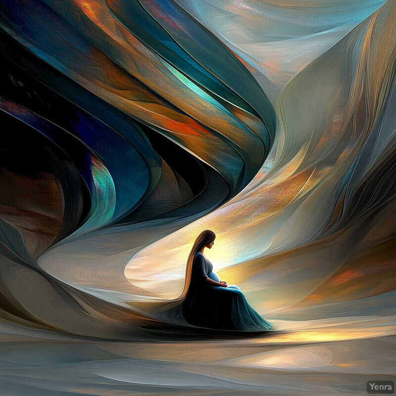 A pregnant woman sits in a dreamlike setting surrounded by swirling colors and abstract shapes.